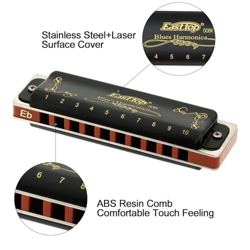 East top Diatonic Harmonica Key of Eb 10 Holes 20 Tones 008K Mouth Organ with Black Cover, Top Grade Harmonica for Adults, Professionals and Students - Image 2