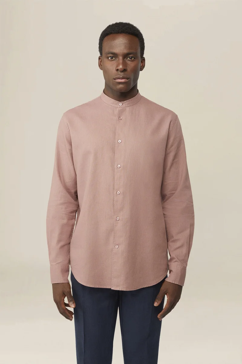 Doppelganger Pink Casual men's shirt with mandarin collar and half button fastening, washed linen and cotton fabric - Antique Rose for Men | Best Price UAE