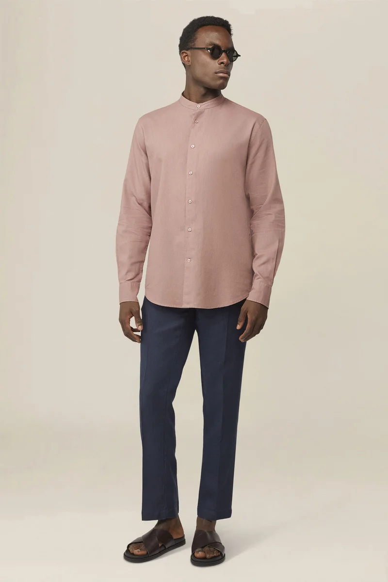 Casual men's shirt with mandarin collar and half button fastening, washed linen and cotton fabric - Antique Rose