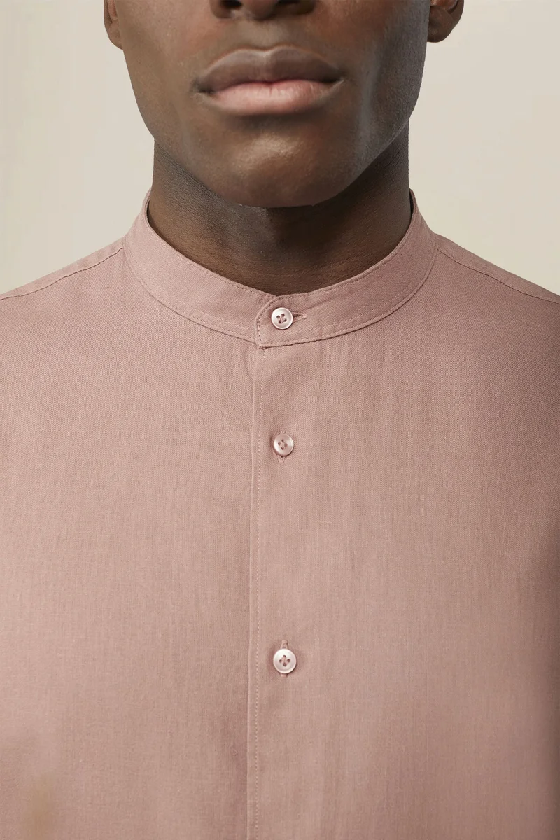 Doppelganger Pink Casual men's shirt with mandarin collar and half button fastening, washed linen and cotton fabric - Antique Rose for Men | Best Price UAE