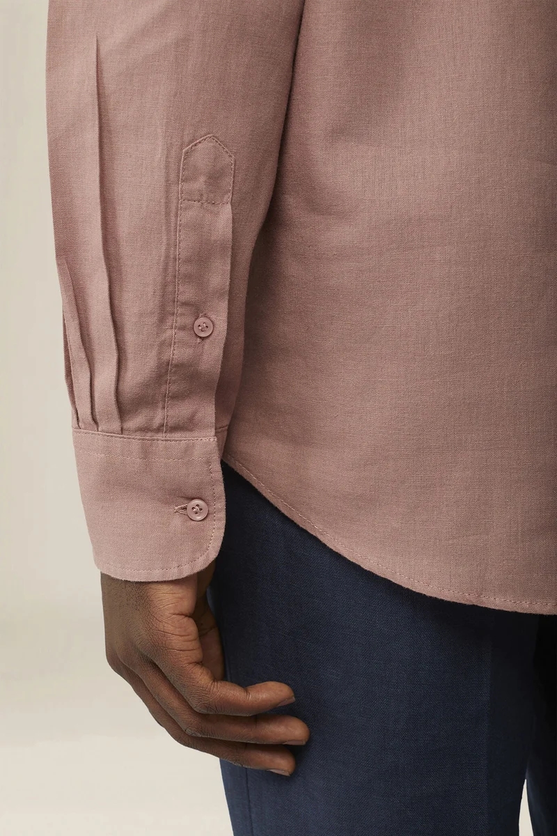 Doppelganger Pink Casual men's shirt with mandarin collar and half button fastening, washed linen and cotton fabric - Antique Rose for Men | Best Price UAE