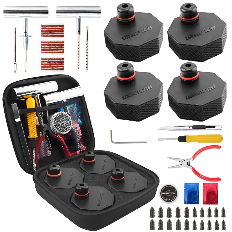 URMECCH Lifting Jack Pads and Tire Repair Tool Kit for Ford Mach E 4PCS Rubber Jack Pad Adapter Jacking Point Pucks for Mustang MachE 20212025 Allin1 Car Tire Repair Tool Kit with Storage Box