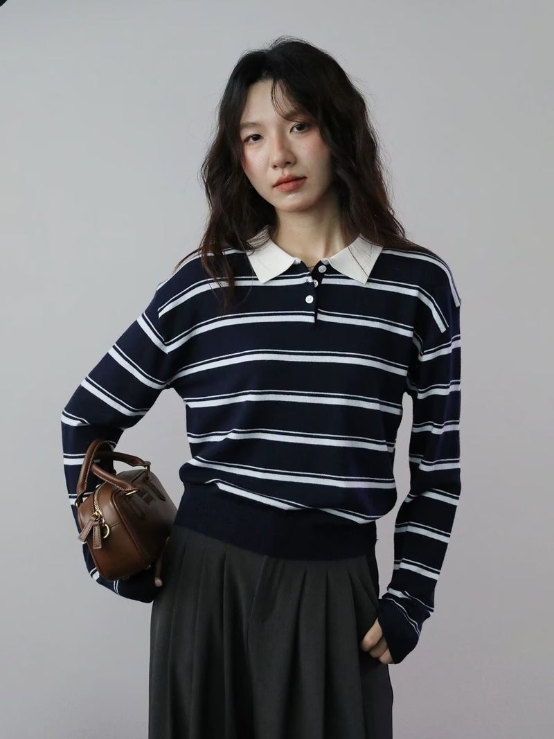 Striped Fashion Soft Color-Block Long-Sleeve Knit Polo Collar Retro Design Pullover Stretch Casual Top