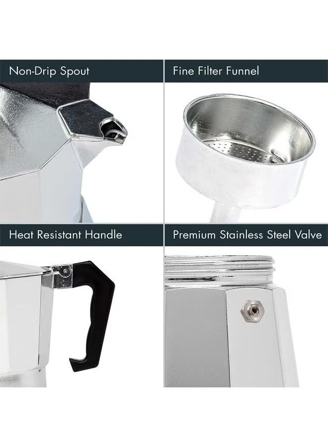 عربست ماكينة تحضير قهوة الإسبريسو اليدوية، إبريق قهوة موكا، إبريق قهوة، صانعة قهوة إسبريسو فوق الموقد، صانعة قهوة إيطالية، صانعة قهوة جريكا، صانعة قهوة محمولة، 300 مل، فضي (6 أكواب) - Image 3