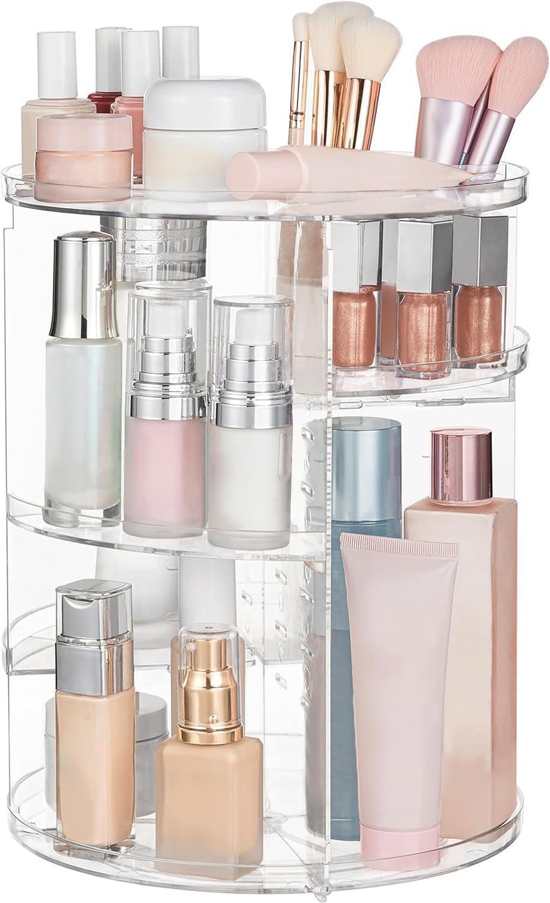 HBlife 360 Rotating Makeup Organizer Adjustable Carousel Large Capacity Revolving Perfume Organizer Skincare Organizers Cosmetic Storage Spinning Holder for Vanity, Clear - Image 1