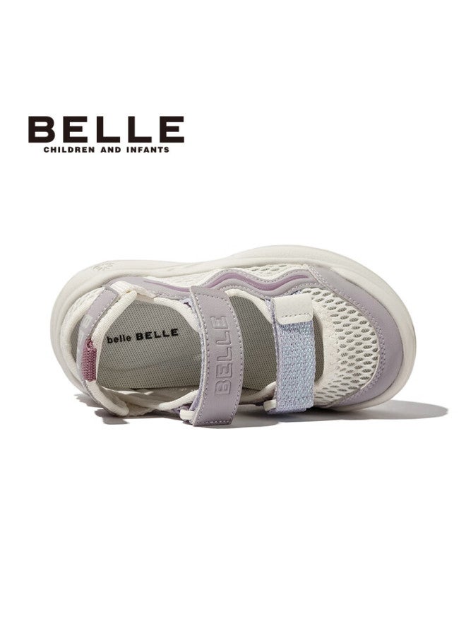 Belle Kids Casual Sports Shoes Mesh Toe Sandals Running Shoes Spring Autumn Single Shoes Beige/purple Size 30 - Image 2
