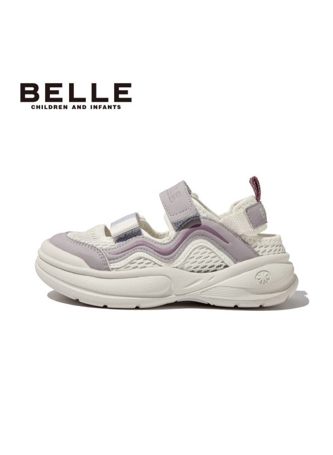Belle Kids Casual Sports Shoes Mesh Toe Sandals Running Shoes Spring Autumn Single Shoes Beige/purple Size 30 - Image 4