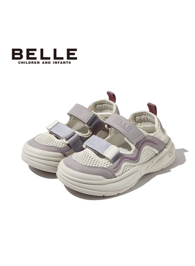 Belle Kids Casual Sports Shoes Mesh Toe Sandals Running Shoes Spring Autumn Single Shoes Beige/purple Size 30 - Image 1