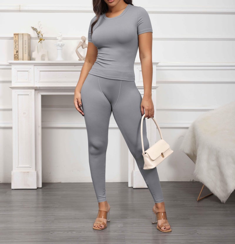 PINSV 2 Piece Sets for Women Summer Casual Jogger Workout Outfits Fitted Crew Neck T-shirt High Waist Legging Sets Grey L - Image 5