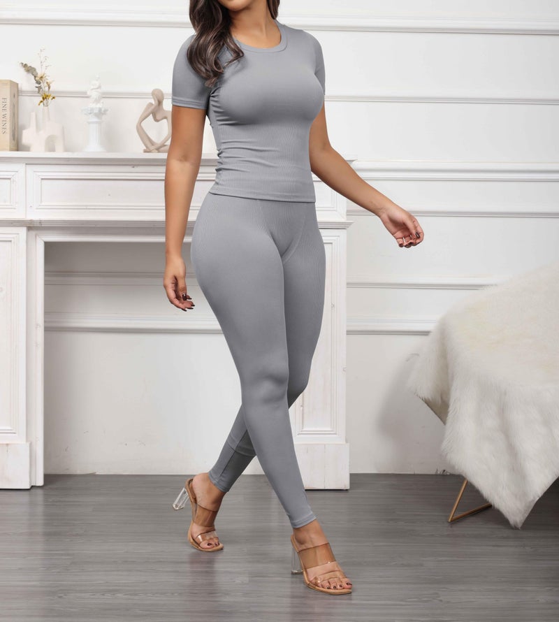 PINSV 2 Piece Sets for Women Summer Casual Jogger Workout Outfits Fitted Crew Neck T-shirt High Waist Legging Sets Grey L - Image 2