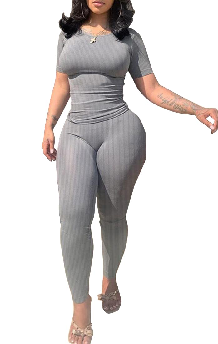 PINSV 2 Piece Sets for Women Summer Casual Jogger Workout Outfits Fitted Crew Neck T-shirt High Waist Legging Sets Grey L - Image 1