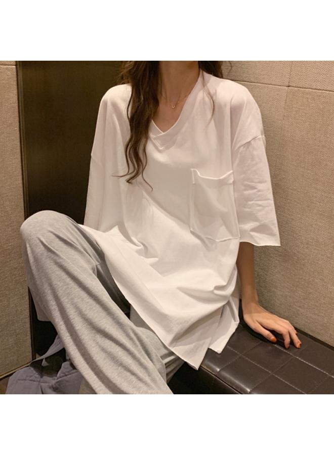 Song Feng Ya Pure Cotton Loose Mid-length Solid Color Pocket V-neck Short-sleeved T-shirt For Summer Women 