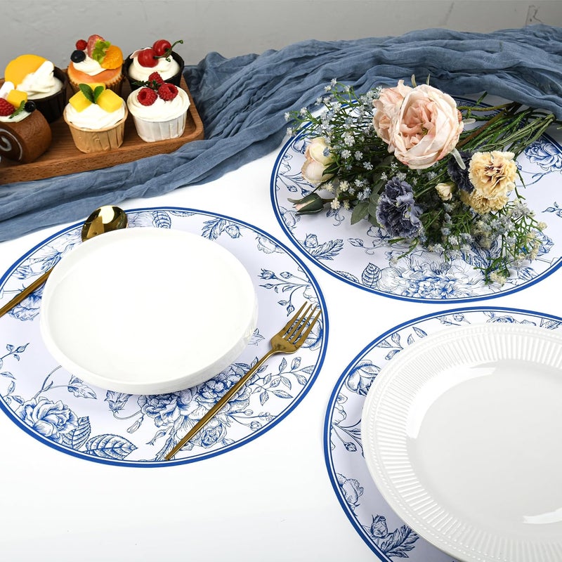 Elyxio 50Pcs Blue Floral Paper Placemats Chinoiserie Round Disposable Place Mats Blue Flower Banquet 13 Inch Paper Cutouts for Hanukkah Table Setting Wedding Birthday Party Supplies - Image 3