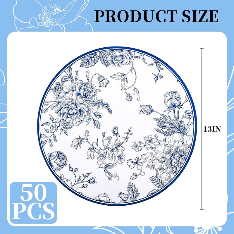 Elyxio 50Pcs Blue Floral Paper Placemats Chinoiserie Round Disposable Place Mats Blue Flower Banquet 13 Inch Paper Cutouts for Hanukkah Table Setting Wedding Birthday Party Supplies - Image 2