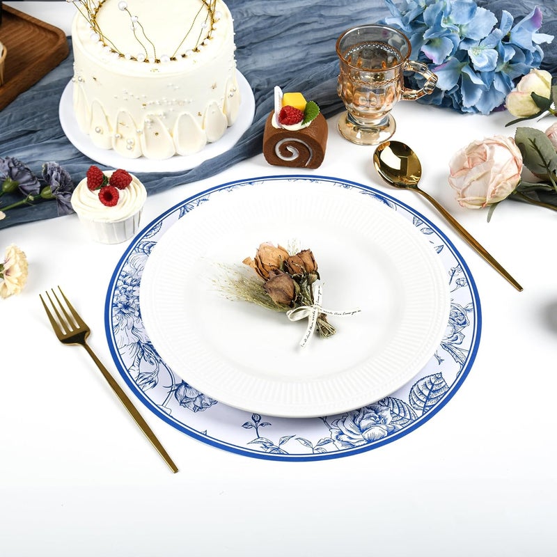 Elyxio 50Pcs Blue Floral Paper Placemats Chinoiserie Round Disposable Place Mats Blue Flower Banquet 13 Inch Paper Cutouts for Hanukkah Table Setting Wedding Birthday Party Supplies - Image 4