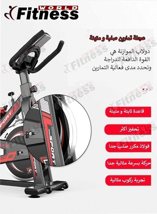 Fitness World Stationary exercise bike with iPad holder; home fitness bike for cardio and training; features adjustable resistance, an LCD display, and an adjustable professional-grade seat and handlebars; black and red. - Image 5