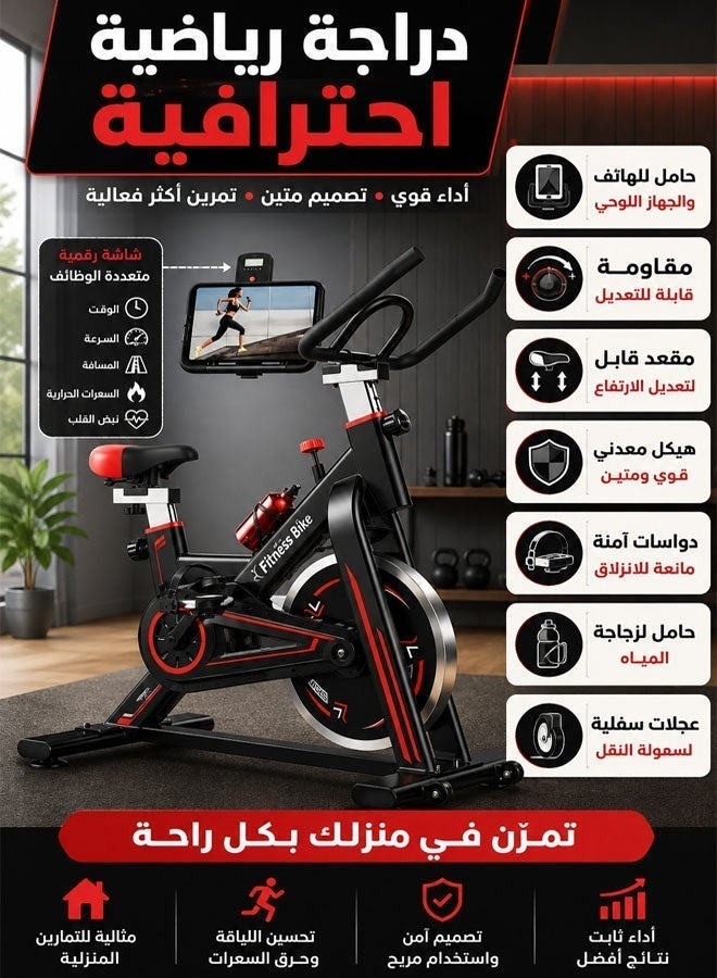 Fitness World Stationary exercise bike with iPad holder; home fitness bike for cardio and training; features adjustable resistance, an LCD display, and an adjustable professional-grade seat and handlebars; black and red. - Image 3