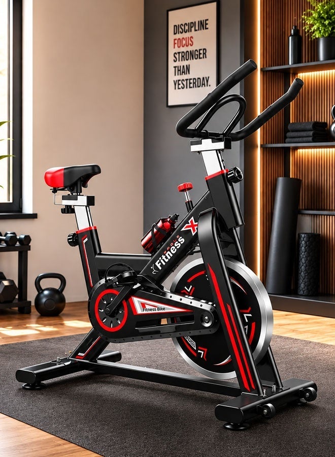 Fitness World Stationary exercise bike with iPad holder; home fitness bike for cardio and training; features adjustable resistance, an LCD display, and an adjustable professional-grade seat and handlebars; black and red. - Image 2