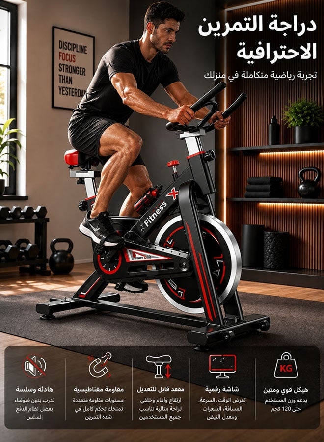 Fitness World Stationary exercise bike with iPad holder; home fitness bike for cardio and training; features adjustable resistance, an LCD display, and an adjustable professional-grade seat and handlebars; black and red. - Image 1