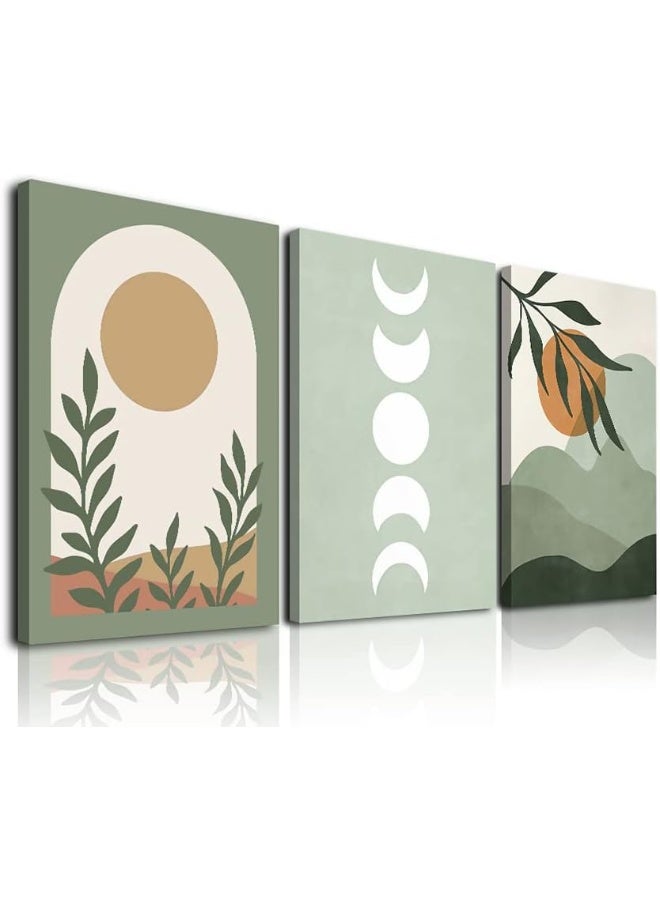ASTRDECOR Sage Green Boho Wall Art Set of 3, Boho Room Decor, Mid-Century Modern Wall Art Prints, Framed Neutral Abstract Canvas Prints Green Wall Art Sun Leaf Mountain Minimalist Artwork 12" X 16" for Bathroom - Image 1