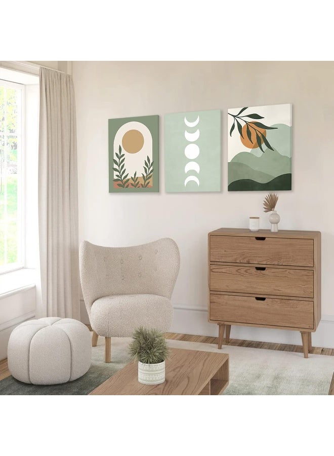 ASTRDECOR Sage Green Boho Wall Art Set of 3, Boho Room Decor, Mid-Century Modern Wall Art Prints, Framed Neutral Abstract Canvas Prints Green Wall Art Sun Leaf Mountain Minimalist Artwork 12" X 16" for Bathroom - Image 5