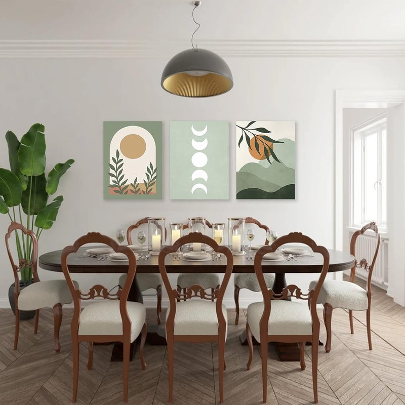 ASTRDECOR Sage Green Boho Wall Art Set of 3, Boho Room Decor, Mid-Century Modern Wall Art Prints, Framed Neutral Abstract Canvas Prints Green Wall Art Sun Leaf Mountain Minimalist Artwork 12" X 16" for Bathroom - Image 4