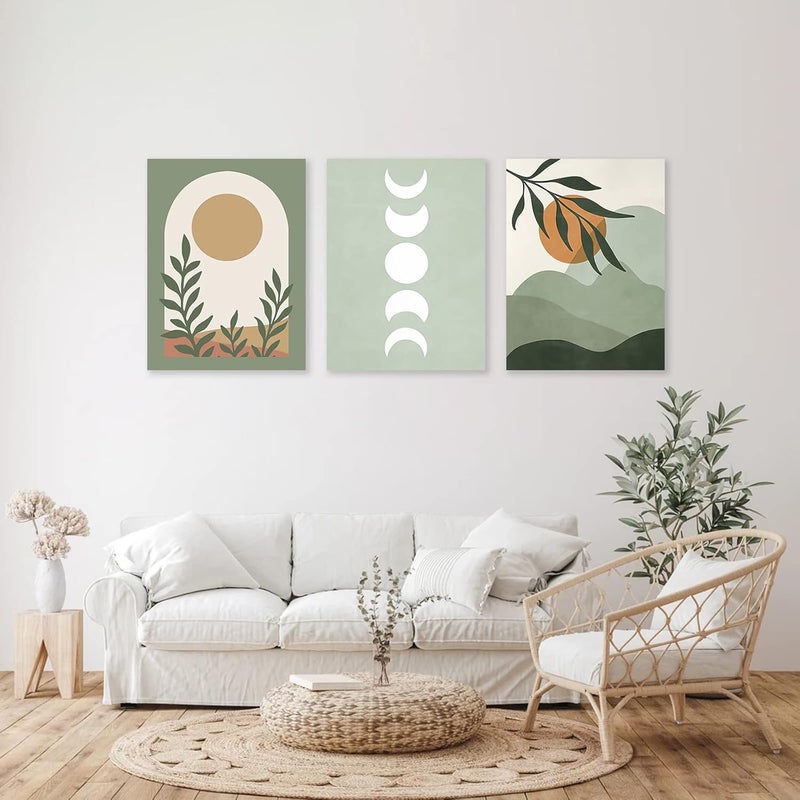 ASTRDECOR Sage Green Boho Wall Art Set of 3, Boho Room Decor, Mid-Century Modern Wall Art Prints, Framed Neutral Abstract Canvas Prints Green Wall Art Sun Leaf Mountain Minimalist Artwork 12" X 16" for Bathroom - Image 2