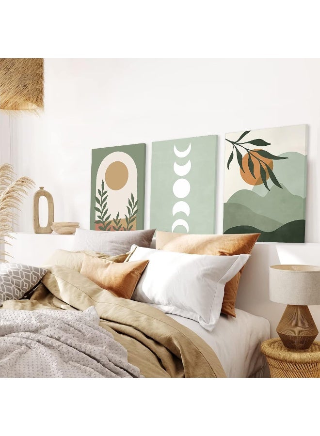 ASTRDECOR Sage Green Boho Wall Art Set of 3, Boho Room Decor, Mid-Century Modern Wall Art Prints, Framed Neutral Abstract Canvas Prints Green Wall Art Sun Leaf Mountain Minimalist Artwork 12" X 16" for Bathroom - Image 3