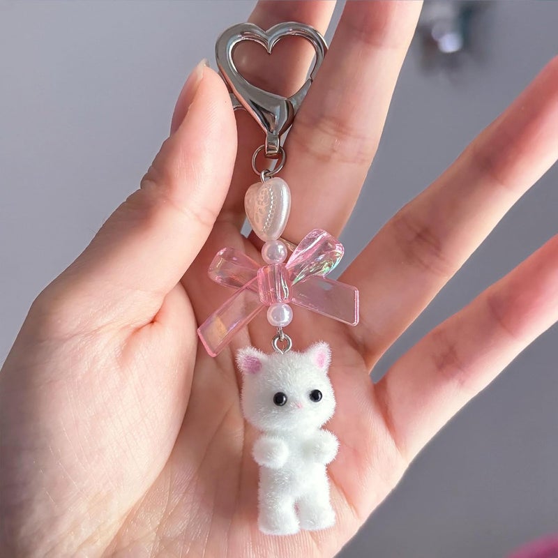 Cute Fuzzy Cat Keychain with Bow and Pearl Beads - Image 4