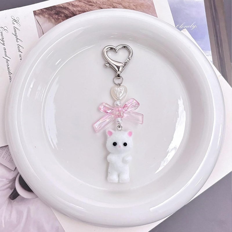 Cute Fuzzy Cat Keychain with Bow and Pearl Beads - Image 2
