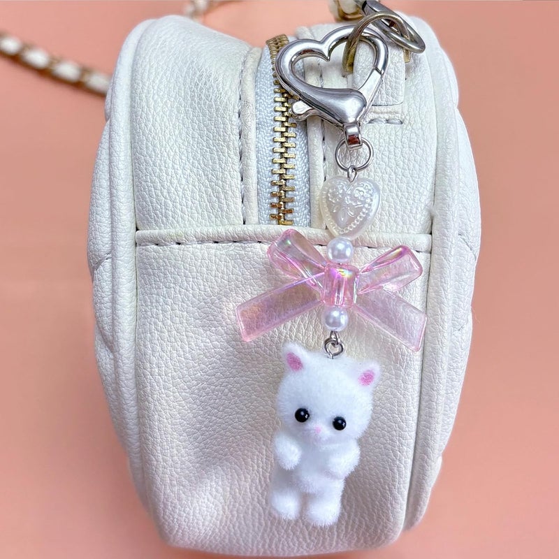 Cute Fuzzy Cat Keychain with Bow and Pearl Beads - Image 3