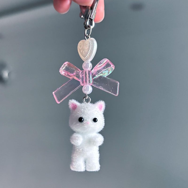 Cute Fuzzy Cat Keychain with Bow and Pearl Beads - Image 5