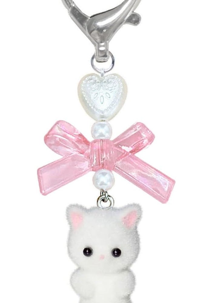 Cute Fuzzy Cat Keychain with Bow and Pearl Beads - Image 1