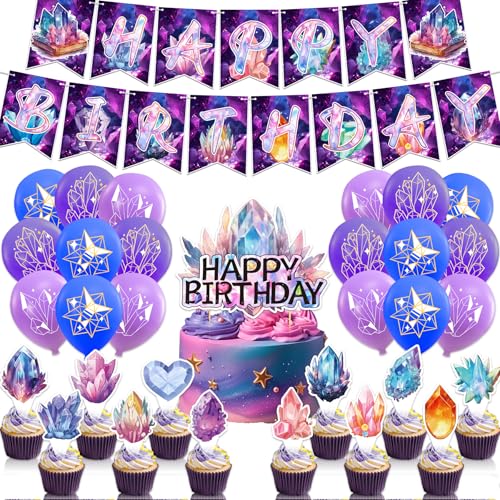 LHDUOFA Crystal Party Supplies Crystal Birthday Party Decorations Includes Crystal Happy Birthday Banner Cake Topper Cupcake Toppers Balloons for Crystal Diamond Birthday Party Geology Decorations - Image 1