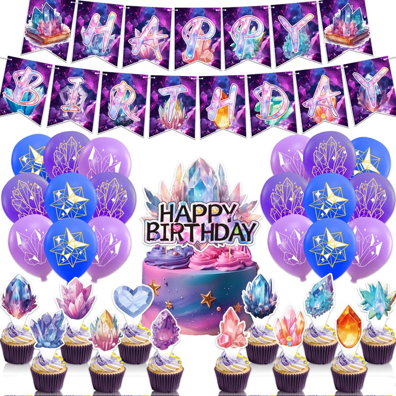 LHDUOFA Crystal Party Supplies Crystal Birthday Party Decorations Includes Crystal Happy Birthday Banner Cake Topper Cupcake Toppers Balloons for Crystal Diamond Birthday Party Geology Decorations - Image 3
