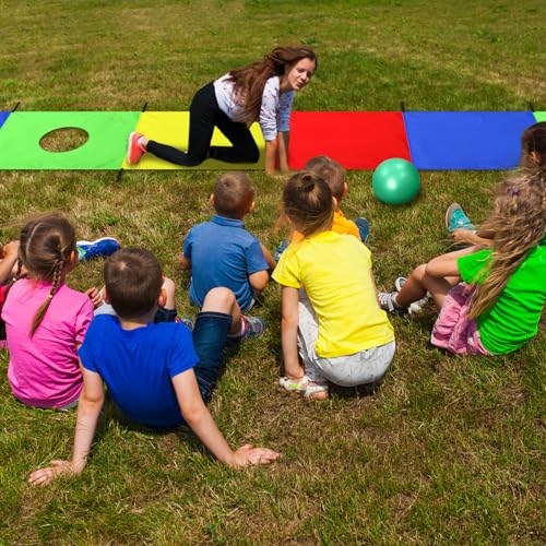 Halloscume مظلة هالوسكوم للعب للأطفال 18 × 3 قدم لعبة مستطيلة قوس قزح مع 16 مقبض وكرة لألعاب بناء الفريق في الهواء الطلق (مجموعة واحدة) - Image 4