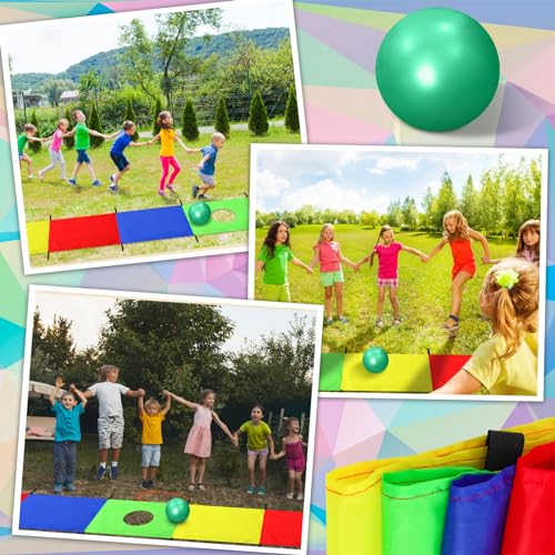 Halloscume مظلة هالوسكوم للعب للأطفال 18 × 3 قدم لعبة مستطيلة قوس قزح مع 16 مقبض وكرة لألعاب بناء الفريق في الهواء الطلق (مجموعة واحدة) - Image 5