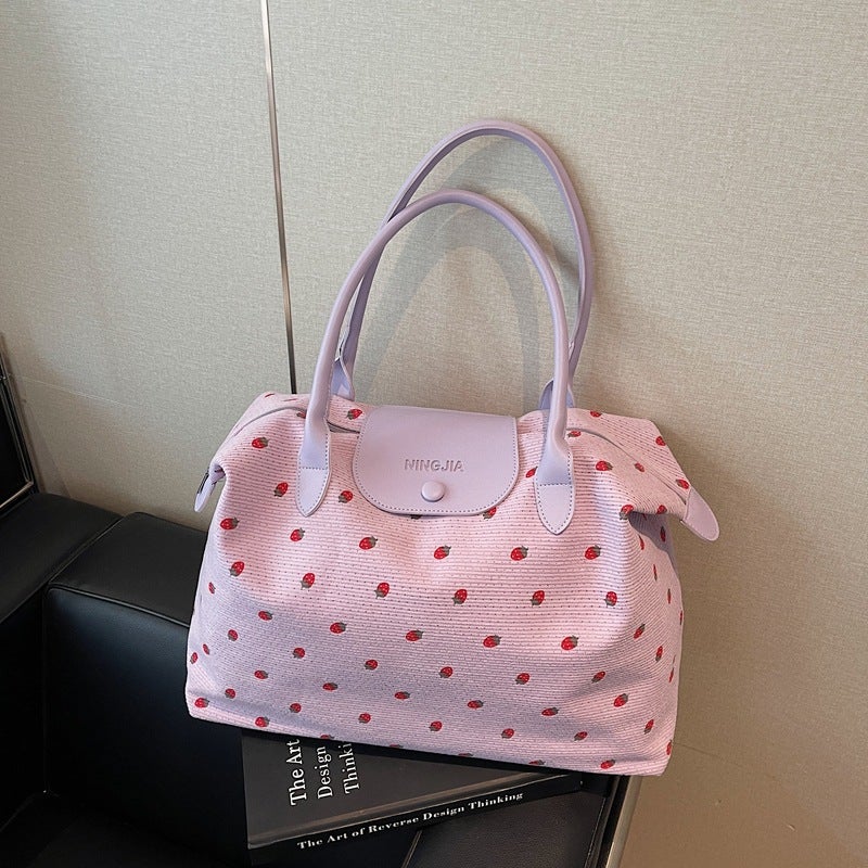 Women's Lightweight Corduroy Travel Tote with Strawberry Floral Print, 20-35L Shoulder Bag for Gym Yoga Shopping - Image 3