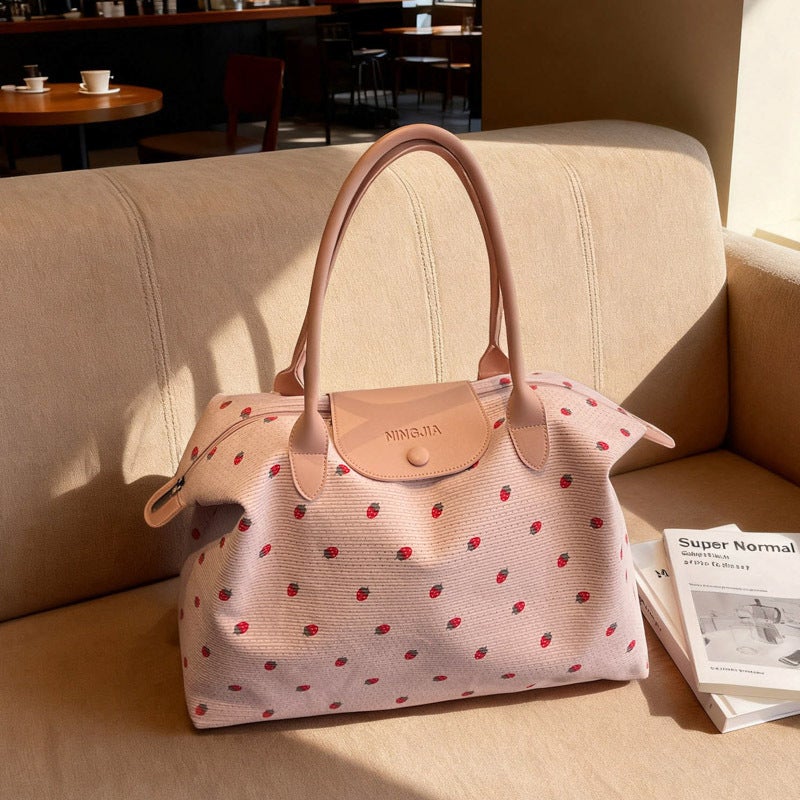 Women's Lightweight Corduroy Travel Tote with Strawberry Floral Print, 20-35L Shoulder Bag for Gym Yoga Shopping - Image 2