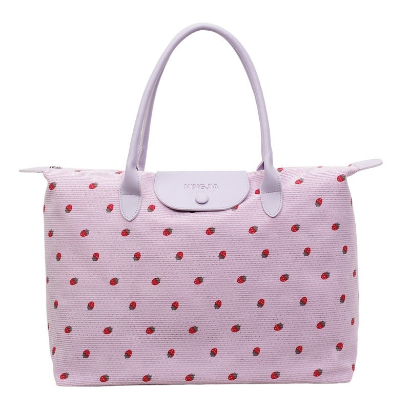 Women's Lightweight Corduroy Travel Tote with Strawberry Floral Print, 20-35L Shoulder Bag for Gym Yoga Shopping - Image 1