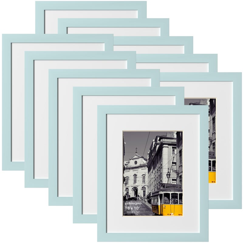 eletecpro 8x10 Picture Frames Set of 10  Picture Frame Collage Wall Decor Display 5x7 Photo with Mat or 8x10 Without Mat  Home Decor Gallery Frame for Table Top or Wall Mounting  Sky Blue - Image 1