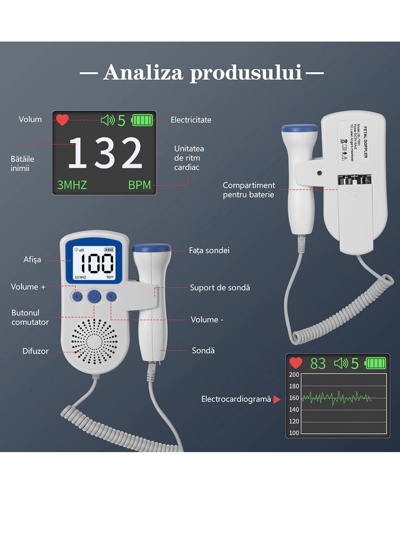 general Fetal Doppler For Pregnant Women, Monitoring Fetal Vital Functions, Pulse Detection, LCD, White/Pink - Image 4