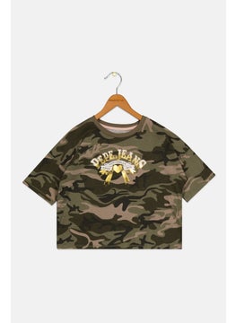 Kids Girl Round Neck Short Sleeves Graphic Print Top, Camo Green