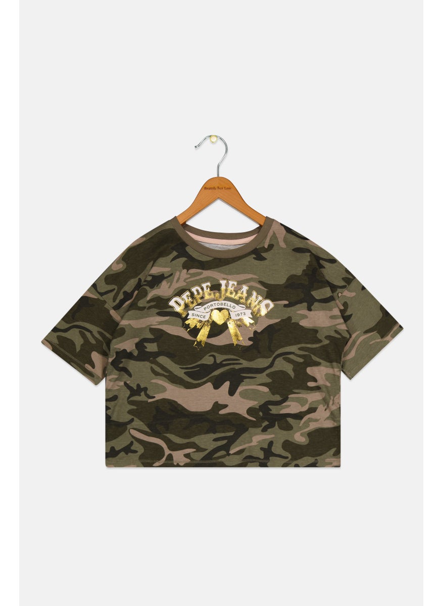 Pepe Jeans - Kids Girl Round Neck Short Sleeves Graphic Print Top, Camo Green - Image 1