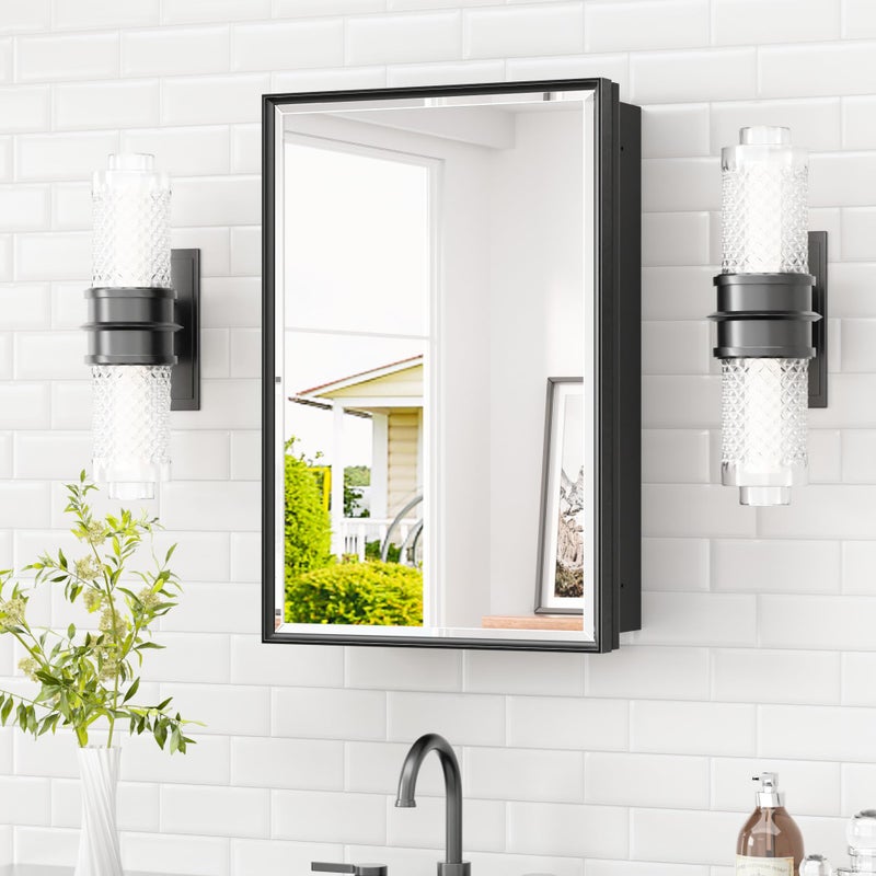 TETOTE 16" x 24" Medicine Cabinet with Beveled Mirror Black Framed Recessed Medicine Cabinet for Bathroom with Stepless Adjustable Shelves Wall-Mounted - Image 1