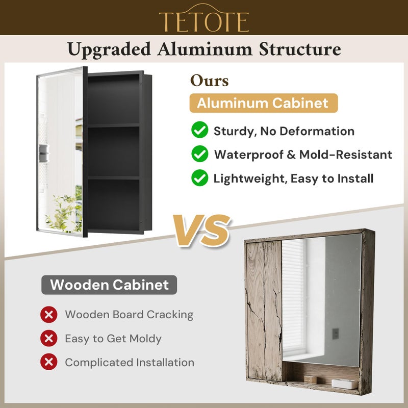 TETOTE 16" x 24" Medicine Cabinet with Beveled Mirror Black Framed Recessed Medicine Cabinet for Bathroom with Stepless Adjustable Shelves Wall-Mounted - Image 4