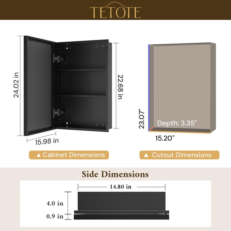 TETOTE 16" x 24" Medicine Cabinet with Beveled Mirror Black Framed Recessed Medicine Cabinet for Bathroom with Stepless Adjustable Shelves Wall-Mounted - Image 2