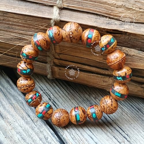 EDMIRIA Tibetan Mala Bodhi Seed Wrist Mala From Bodh Gaya Nepal Phoenix Eye Natural Bodhi Bracelets Buddha Beads Hand String Men Women Prayer Japa mala (Inlaid Indian Bodhi) - Image 2