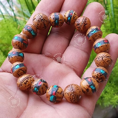 EDMIRIA Tibetan Mala Bodhi Seed Wrist Mala From Bodh Gaya Nepal Phoenix Eye Natural Bodhi Bracelets Buddha Beads Hand String Men Women Prayer Japa mala (Inlaid Indian Bodhi) - Image 5