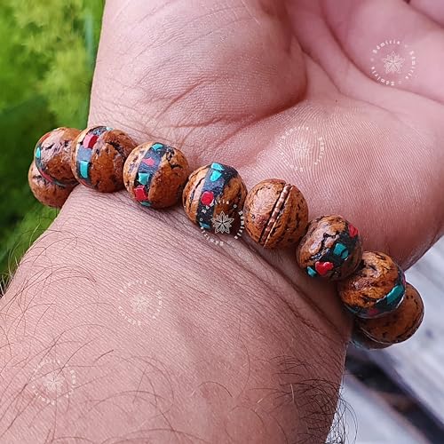 EDMIRIA Tibetan Mala Bodhi Seed Wrist Mala From Bodh Gaya Nepal Phoenix Eye Natural Bodhi Bracelets Buddha Beads Hand String Men Women Prayer Japa mala (Inlaid Indian Bodhi) - Image 4